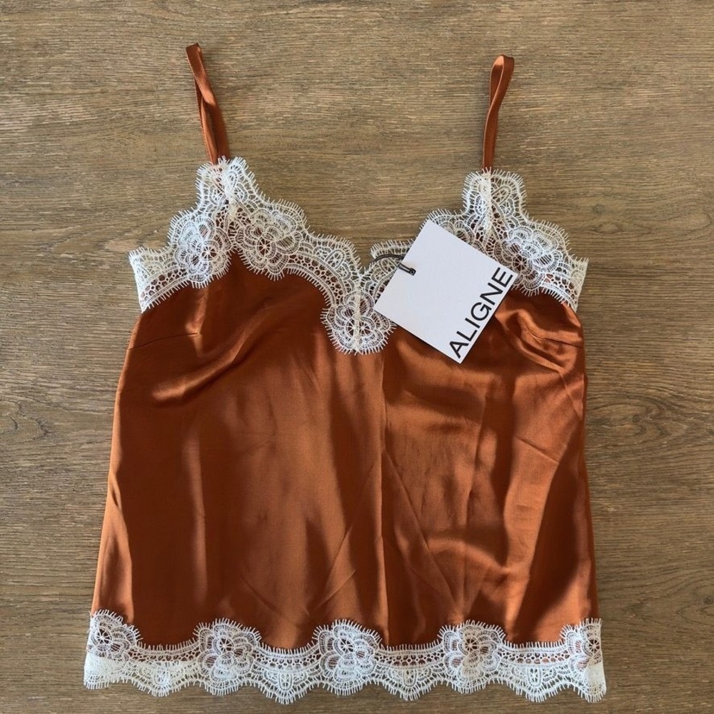 ALIGNE EME Cognac Brown Silky Satin Lace Trim Cami Camisole Top-Sz US 2 NWT